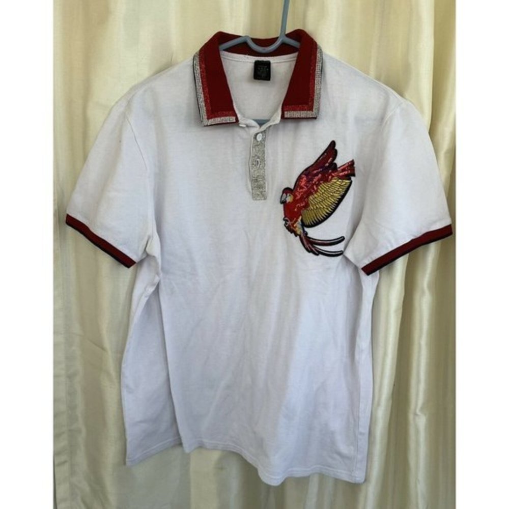 Womens Large Tropical Parrot Polo Shirt White Sequin Embellished Resort Top